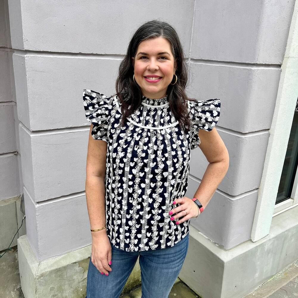 NEW VOY heart printed eyelet top in navy